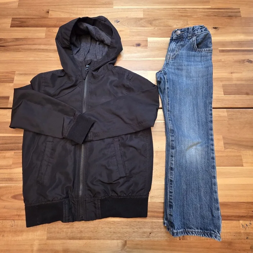 Boys 7/8 The Children's Place Black Hooded Jacket Bootcut Jeans 2 Piece Lot